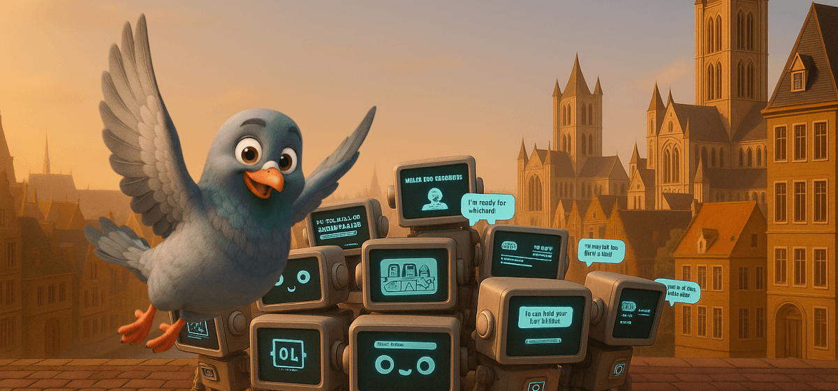 Image of Rudy the Pigeon flying next to a group of chatbots in Ghent, Belgium